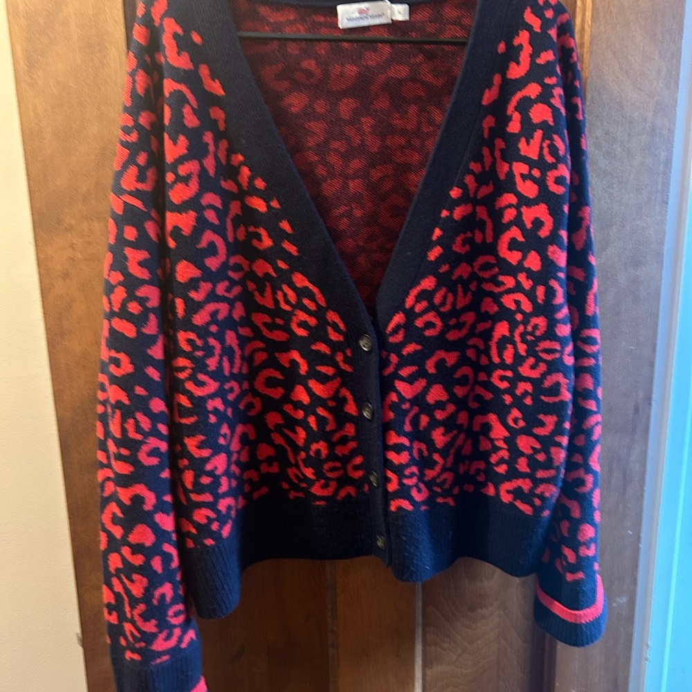 Vineyard Vines Red and Navy Leopard Cardigan